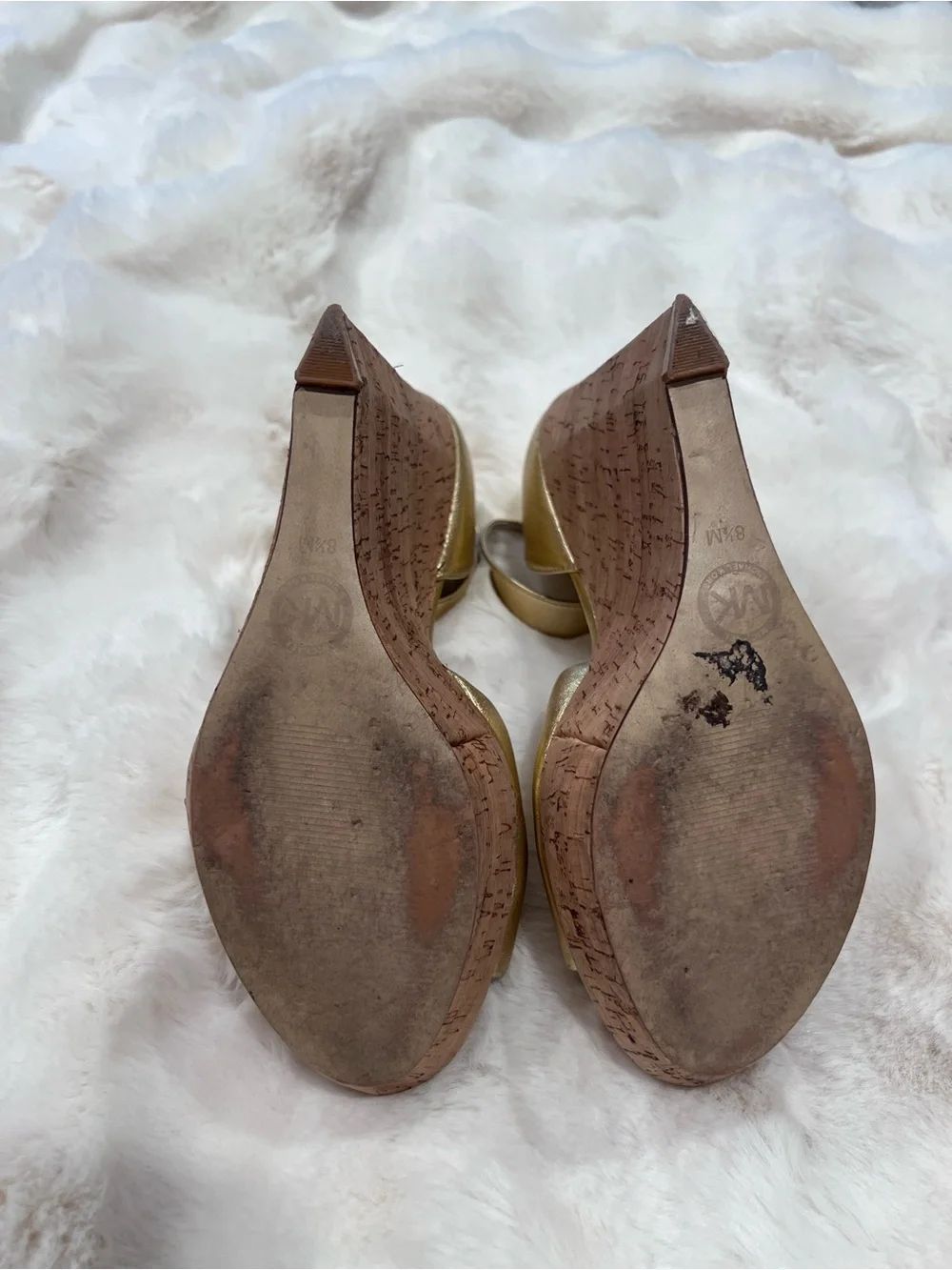 Michael Kors Metallic Gold Cork Wedge Sandals with Ankle Strap